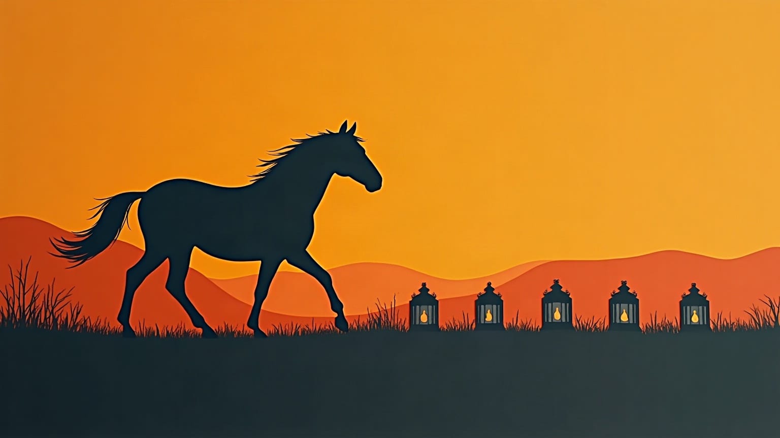 A cut-paper horse striding across the frame with a row of small lantern shapes trailing behind it