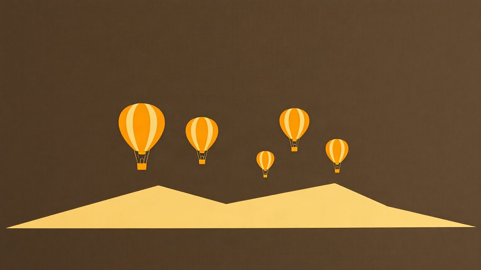 Amber cut-paper hot-air balloons at several heights above two pale sand dunes, on a deep charcoal brown ground