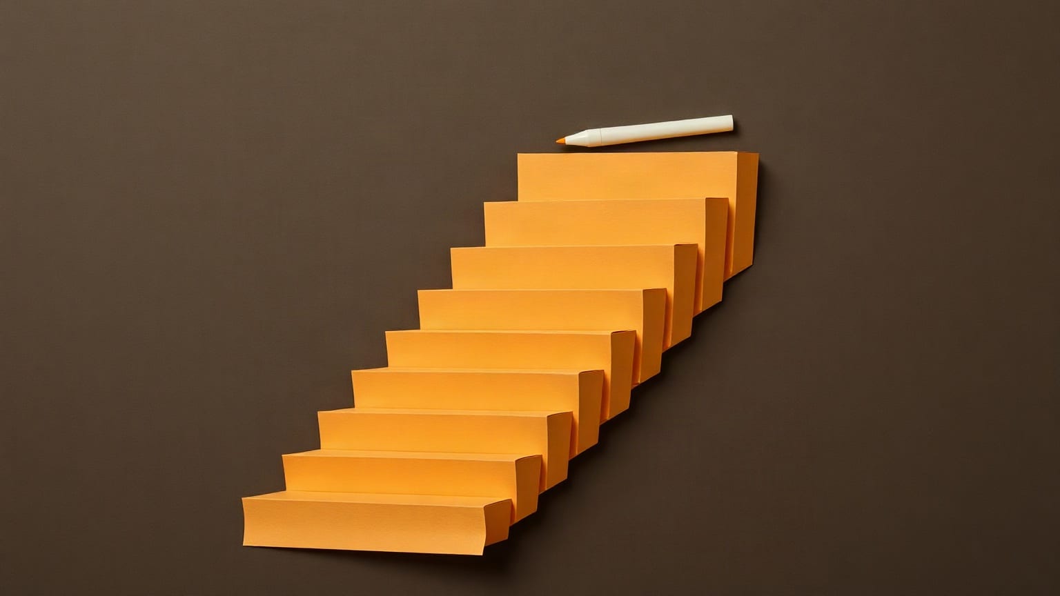 A staircase of paper steps climbing from the lower left to a flat top at the right, a single marker lying at the top