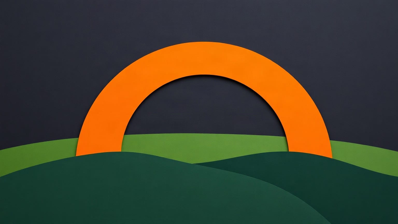 A thick orange paper arch standing behind layered green paper hills against a near-black sky