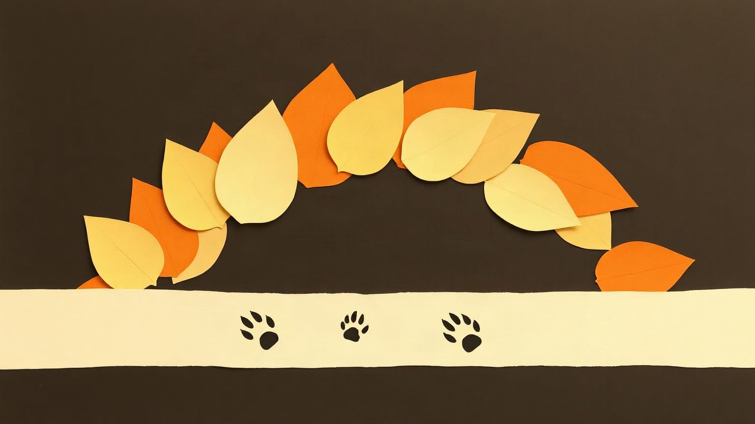 An arch of overlapping paper leaves in amber, ochre and cream above a pale band carrying three animal paw prints