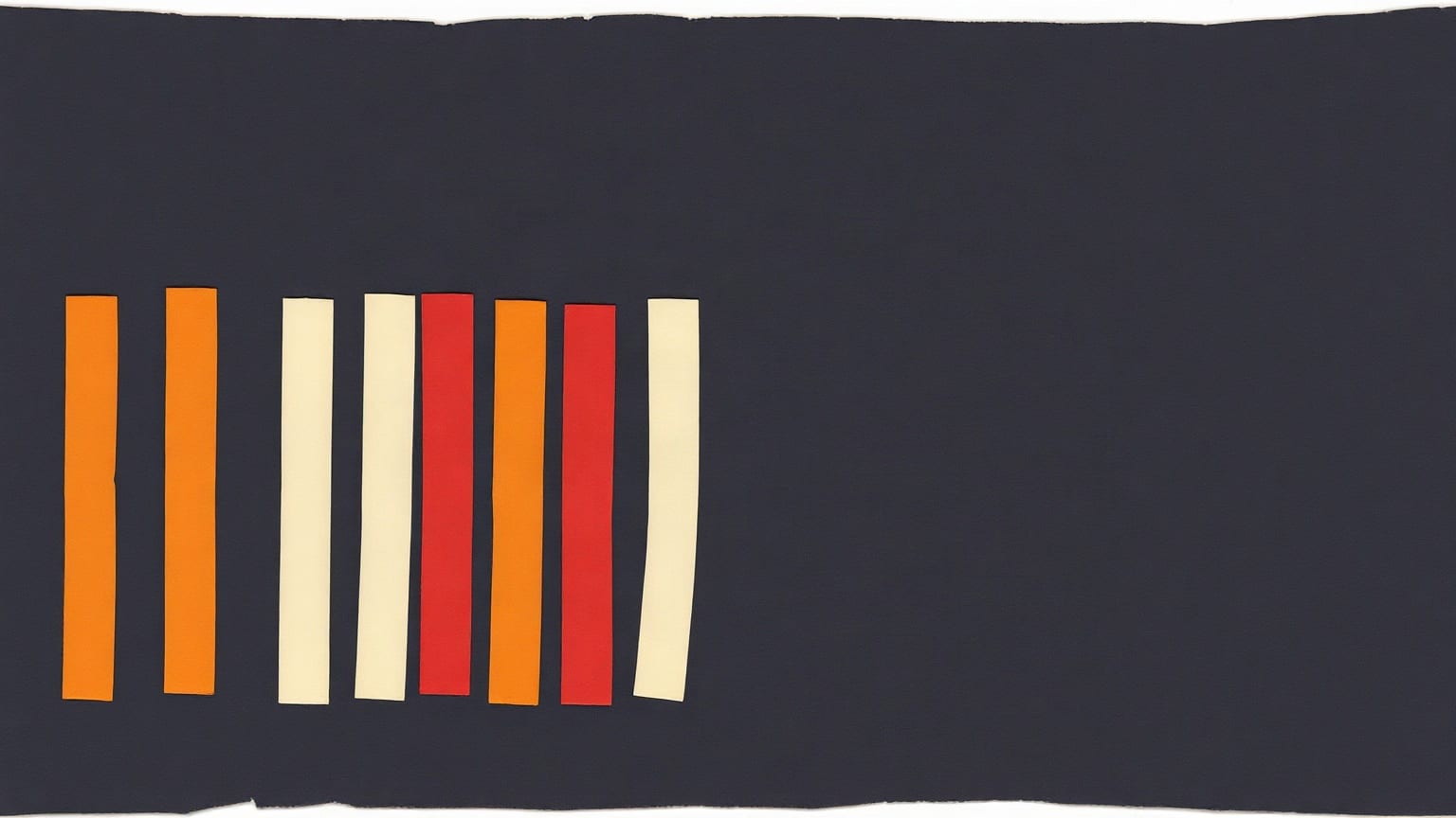 A row of narrow upright paper strips in cream, orange and red on a dark navy ground