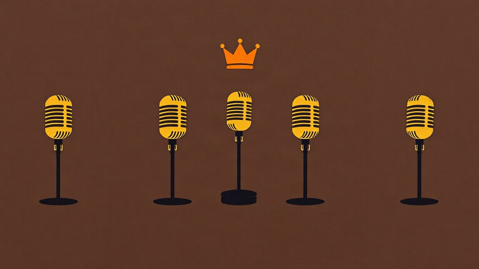 Six paper microphones in a row with a small crown above the middle one