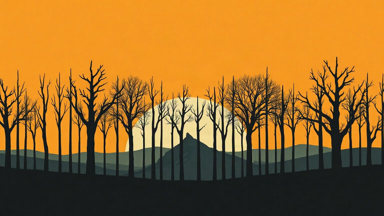 Bare paper trees mirrored above and below a horizon
