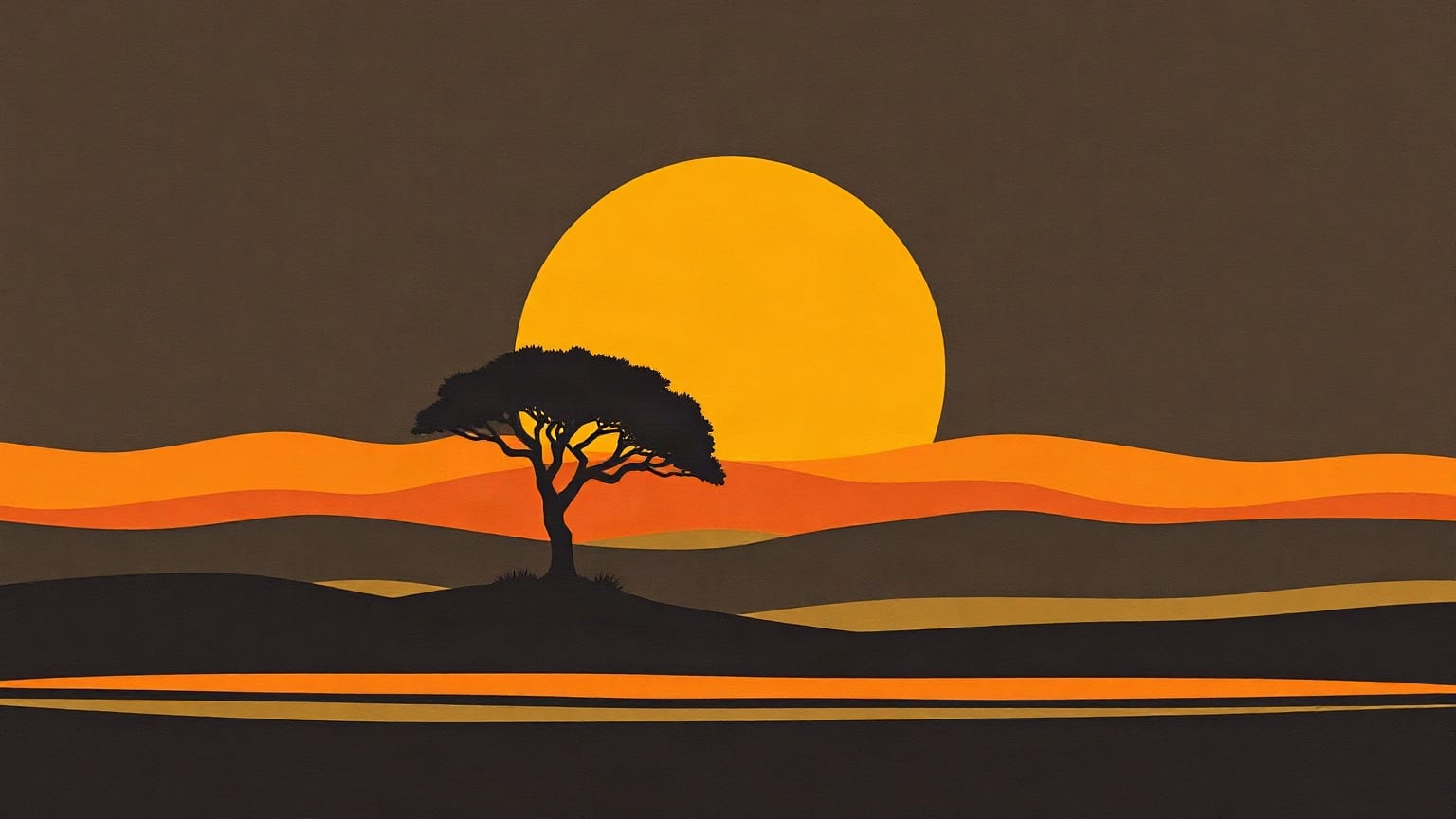A paper sun rising behind a lone tree over layered savannah bands
