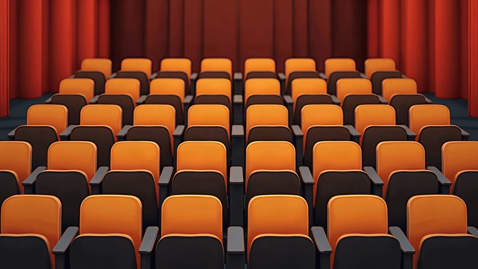 Rows of empty theatre seats in front of a closed red curtain