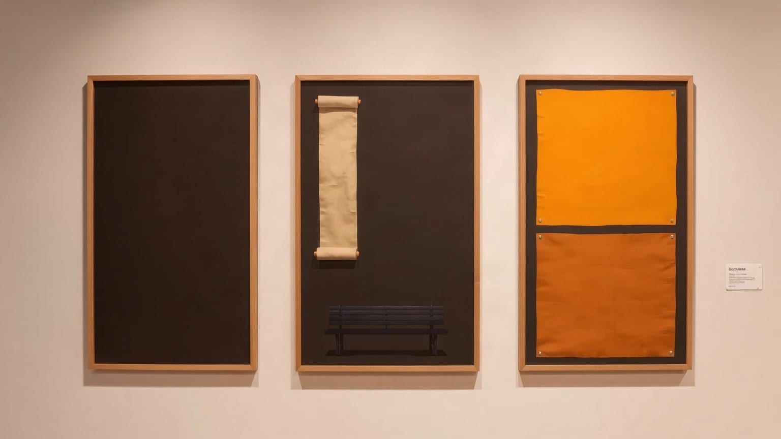 Six framed panels hung in two rows on a gallery wall above a bench