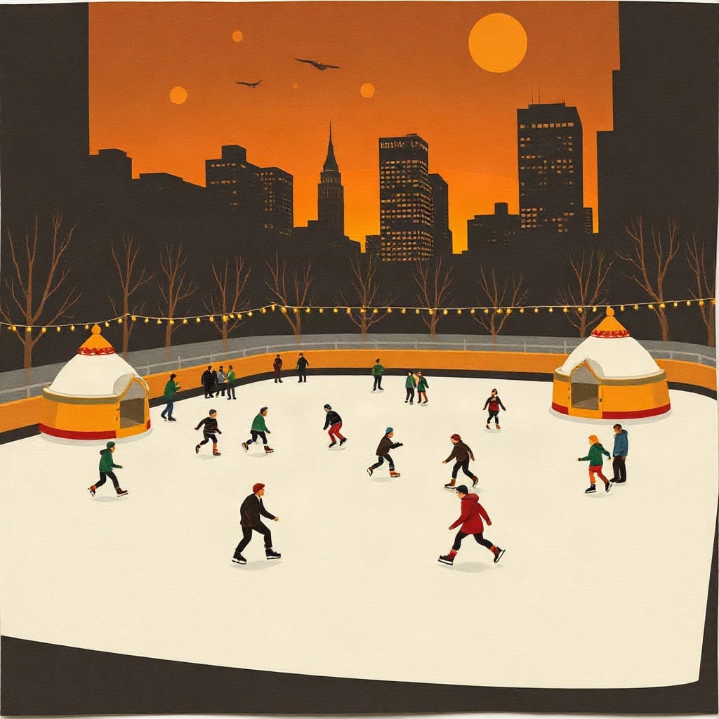 Skaters on an outdoor rink with two dome kiosks, string lights and a city skyline at dusk