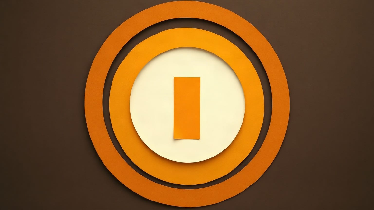 Two amber paper rings around a pale disc, with one small upright amber rectangle standing at the centre, on a dark brown ground