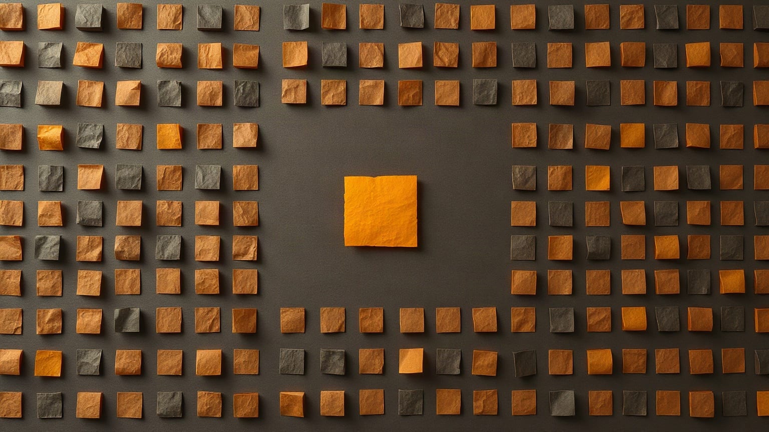 A dense grid of small textured paper squares filling the frame, with one larger bright amber square alone in a clear space at the centre