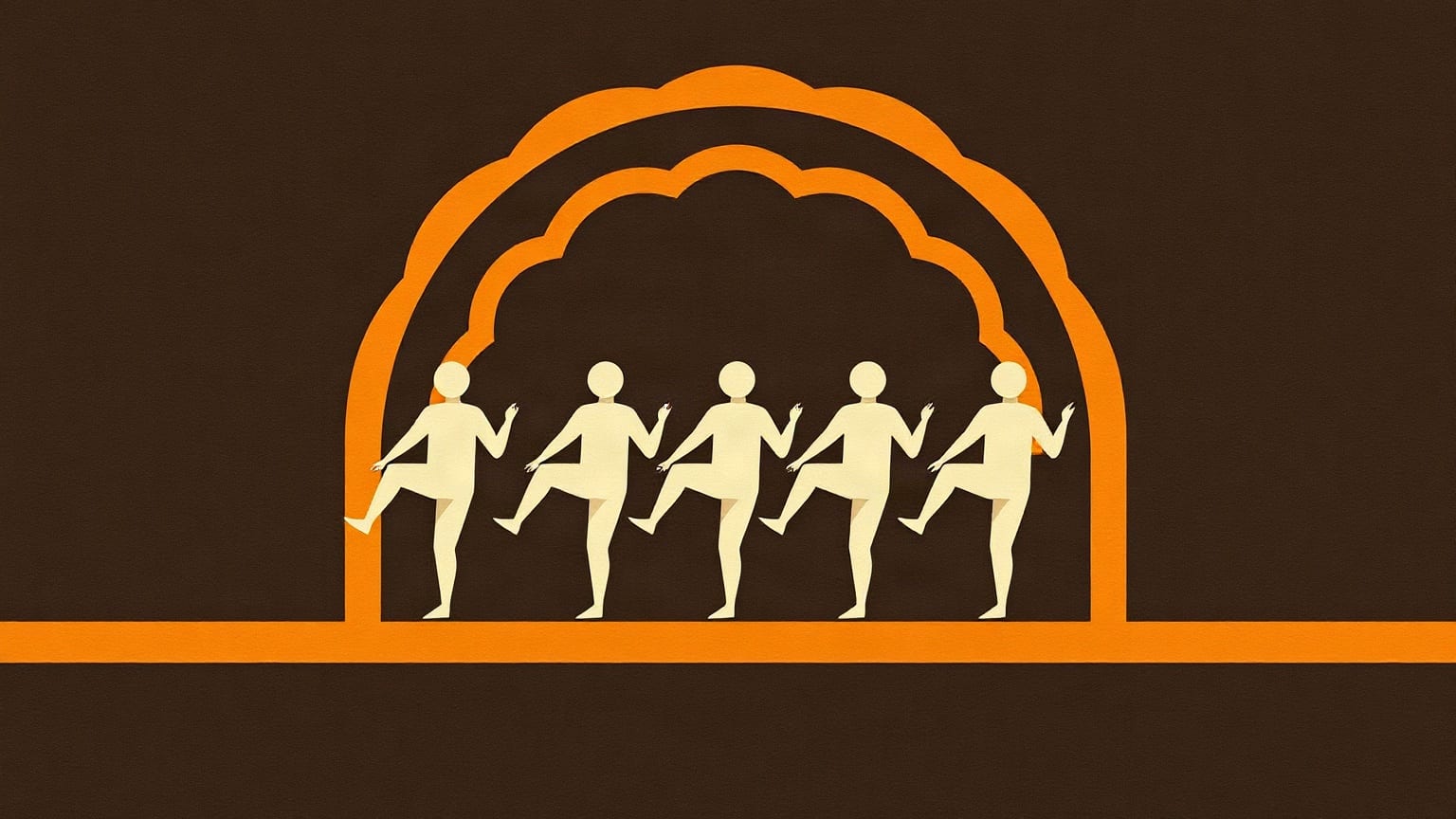 A line of cream cut-paper figures with one leg raised beneath a scalloped orange arch, standing on an orange stage band, on a deep charcoal brown ground