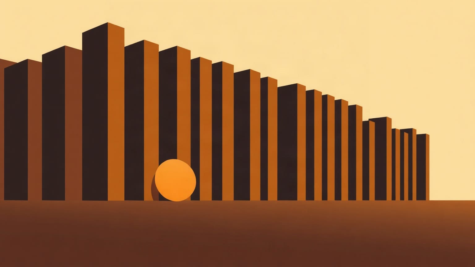 A row of tall dark towers of falling height across a pale amber ground, one orange circle low behind them