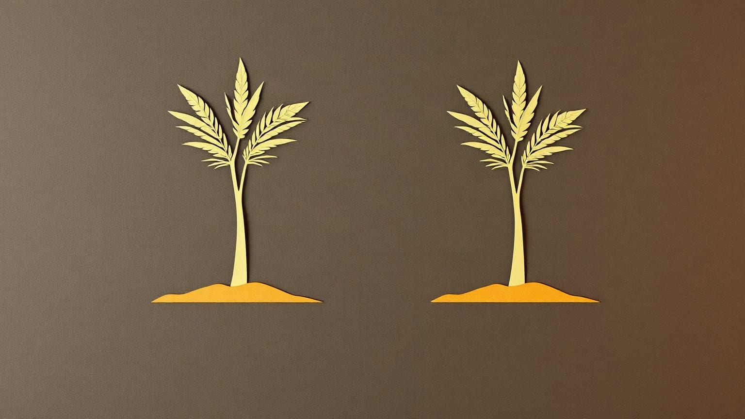 Two matching pale yellow paper palm trees standing on small orange sand mounds, one on each side of a wide brown frame