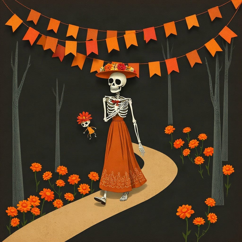A paper skeleton in a long orange skirt and a flower-trimmed hat walking a curving path between marigolds, with orange bunting strung through dark trees