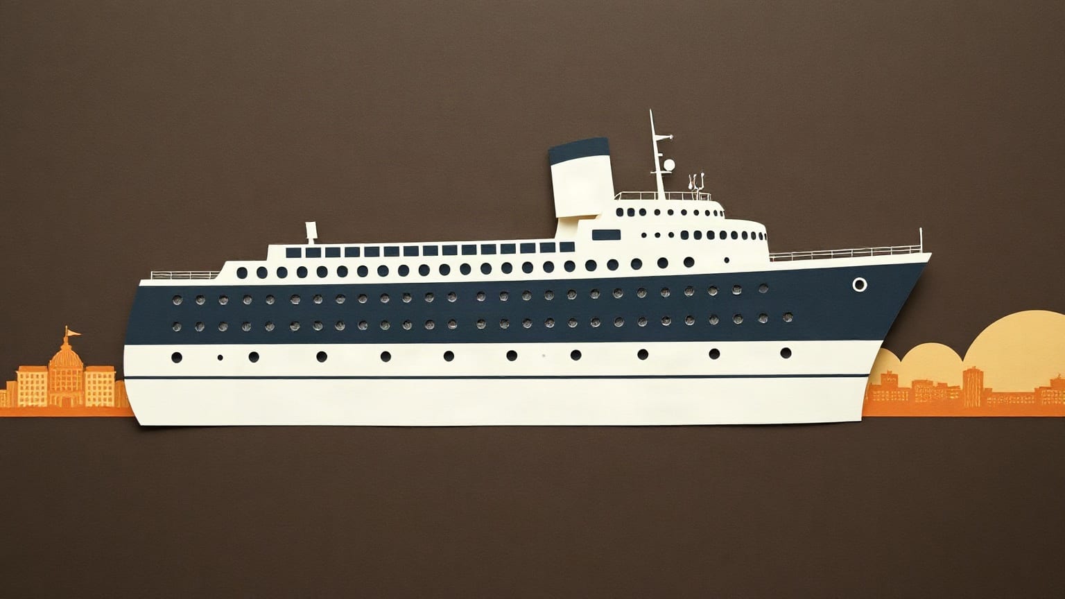 A white multi-deck cruise liner in cut paper against a low city skyline