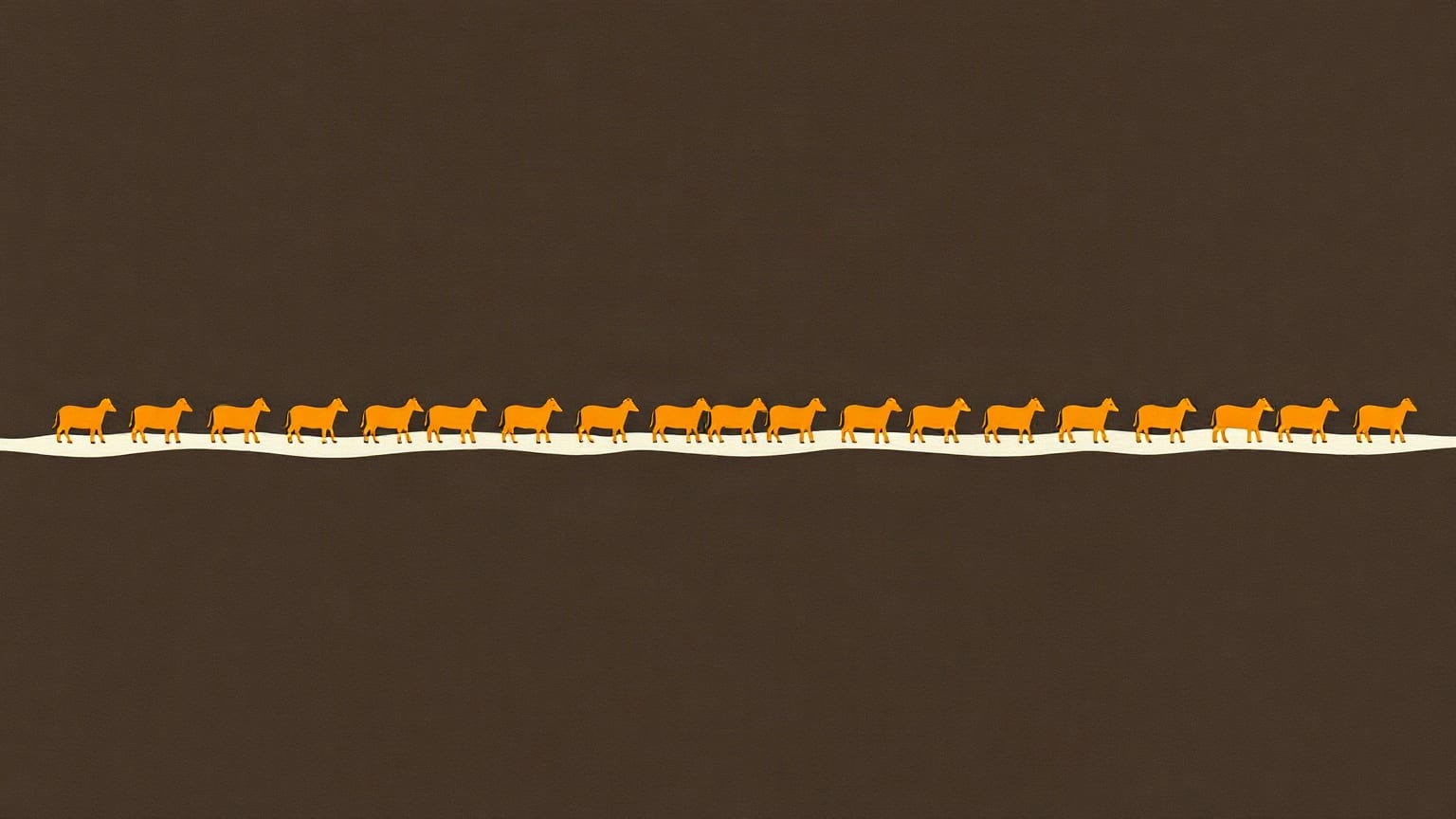 A row of amber paper animal silhouettes of the same shape and different sizes moving across a deep charcoal brown ground