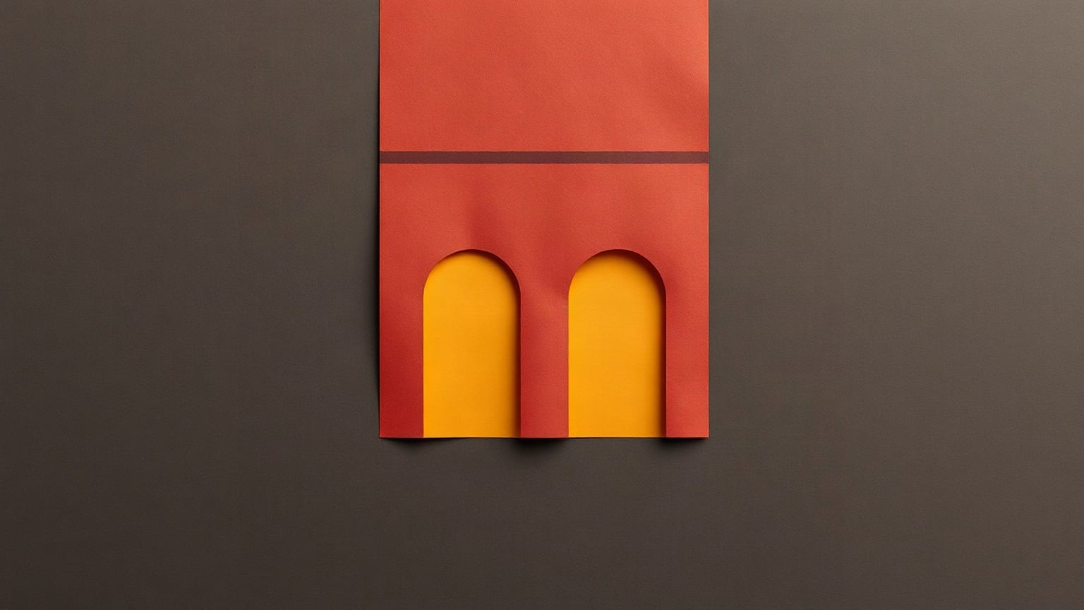 A tall red paper facade with two arched openings in gold at its base, on a warm brown ground