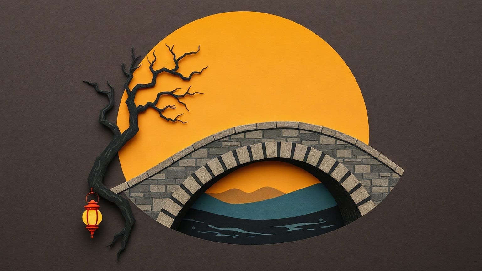 A stone arched bridge over dark water in front of a large amber disc, with a bare twisted tree at the left and a small red lantern hanging from its trunk