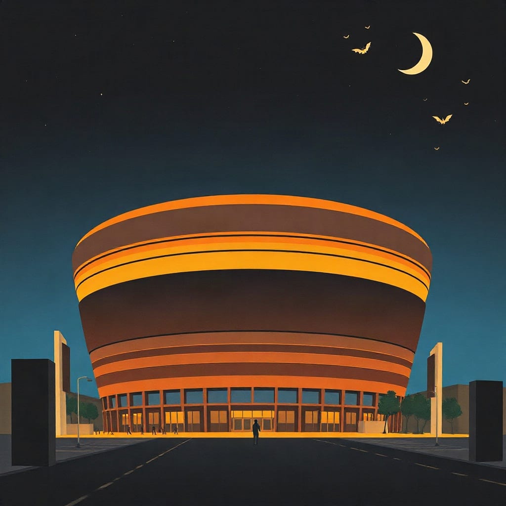 A round drum-shaped arena at night wrapped in glowing orange bands of light, a dark street leading up to it, a crescent moon and a few bats in the sky