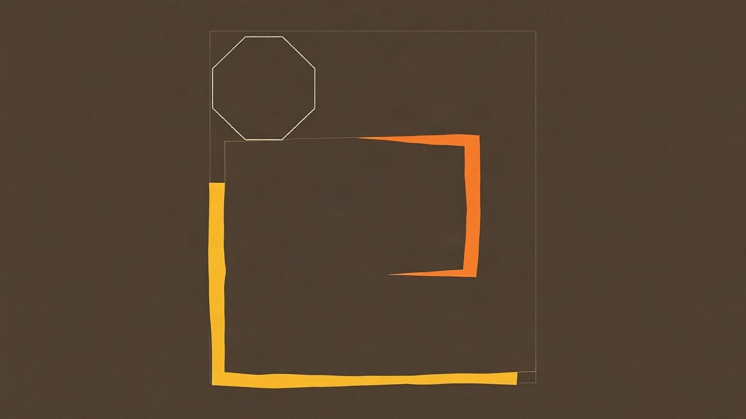 Three stacked ochre paper frames on a deep brown ground, a faint ten-sided outline showing through the topmost one