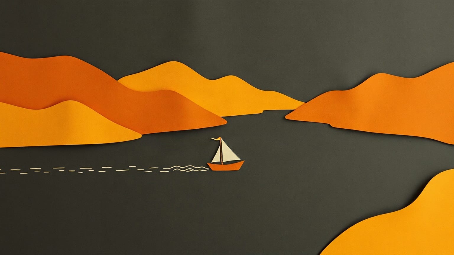 A river curving between autumn hills with a small boat leaving a wake