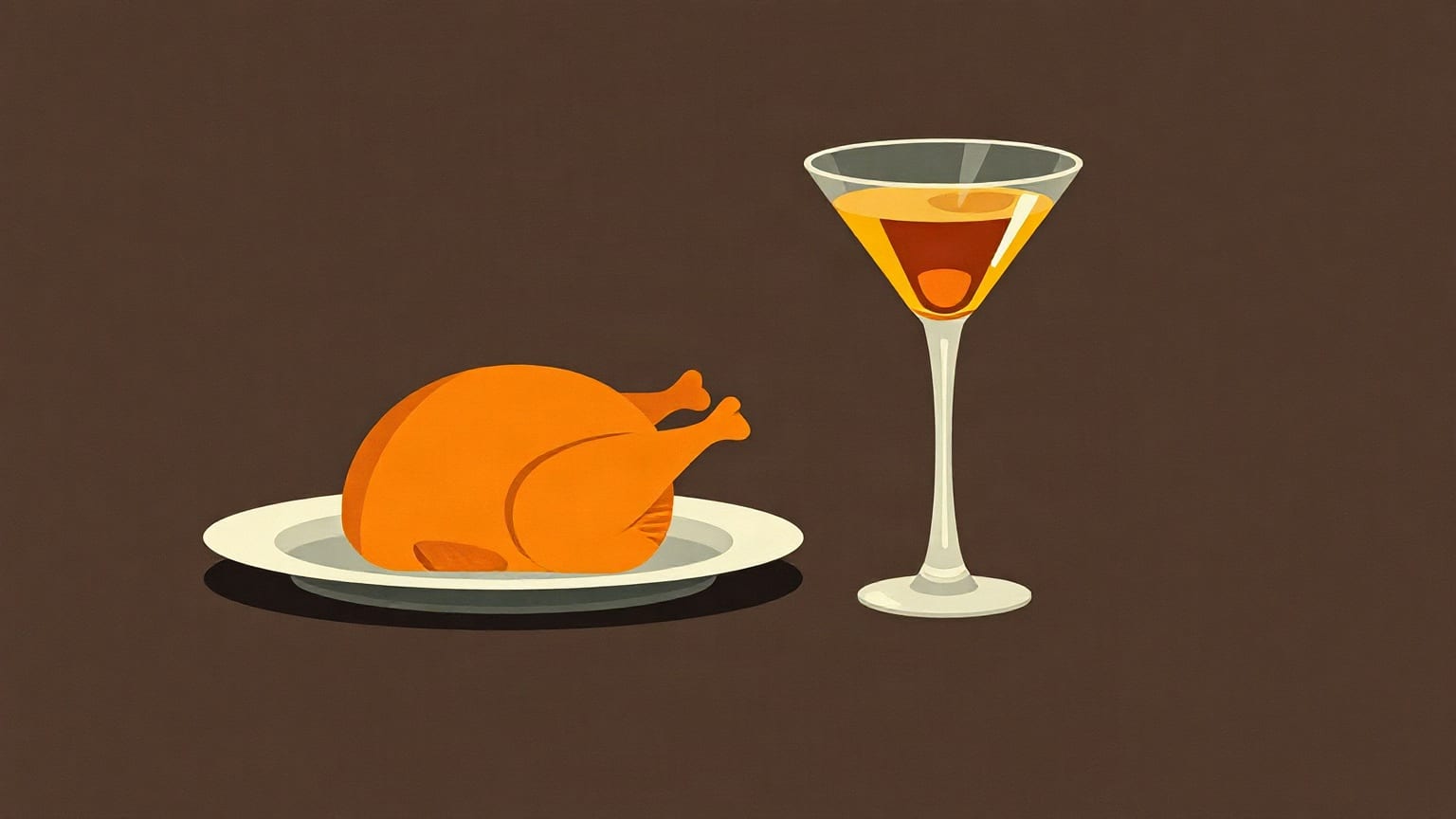 A roast chicken on a plate beside a martini glass, on a dark brown ground