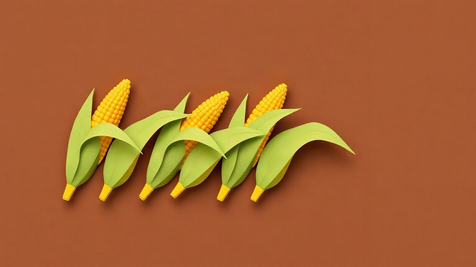 A row of six paper corn cobs in yellow with pale green husk leaves, lying overlapping across a rust-brown ground