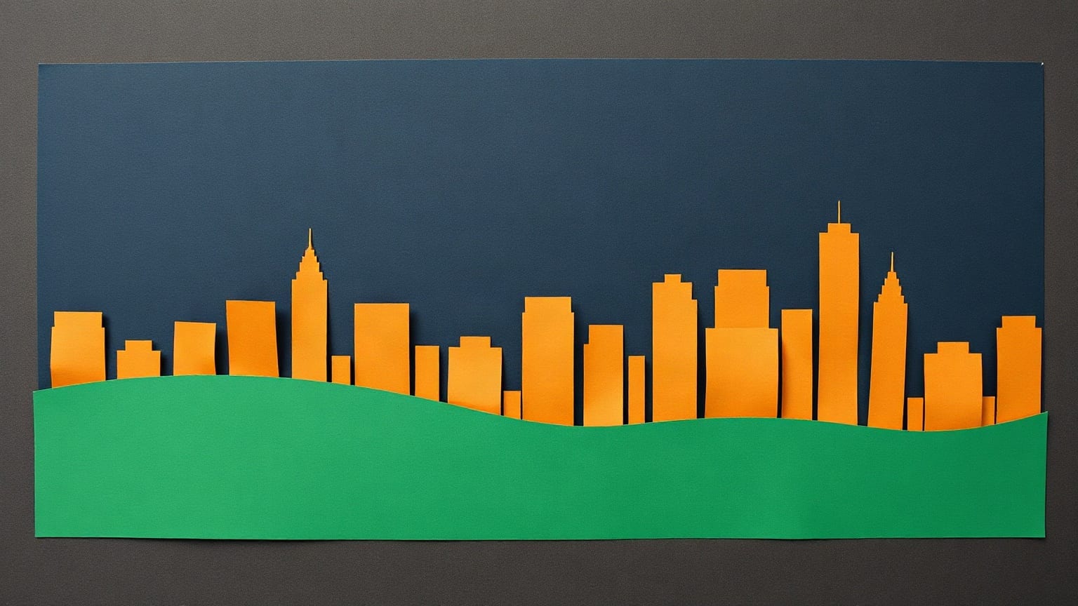 A cut-paper panel: orange skyscraper silhouettes along a deep navy sky, with a broad green lawn curving across the lower half