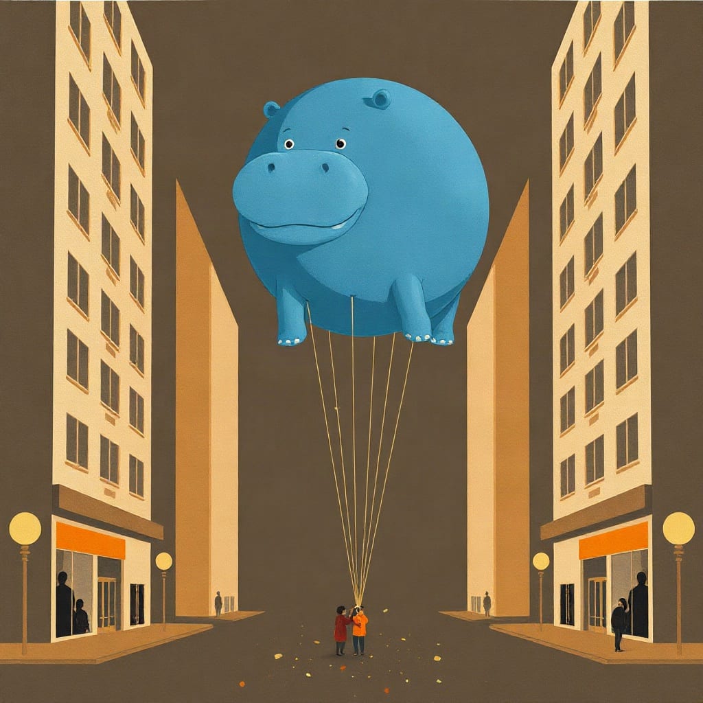 A giant blue hippopotamus balloon held on ropes above a street between tall buildings