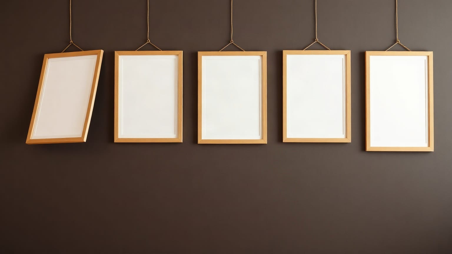 Five empty pale picture frames in pale wood hanging in a row on a dark brown wall, the one at the left tilted well off level and the other four hanging square