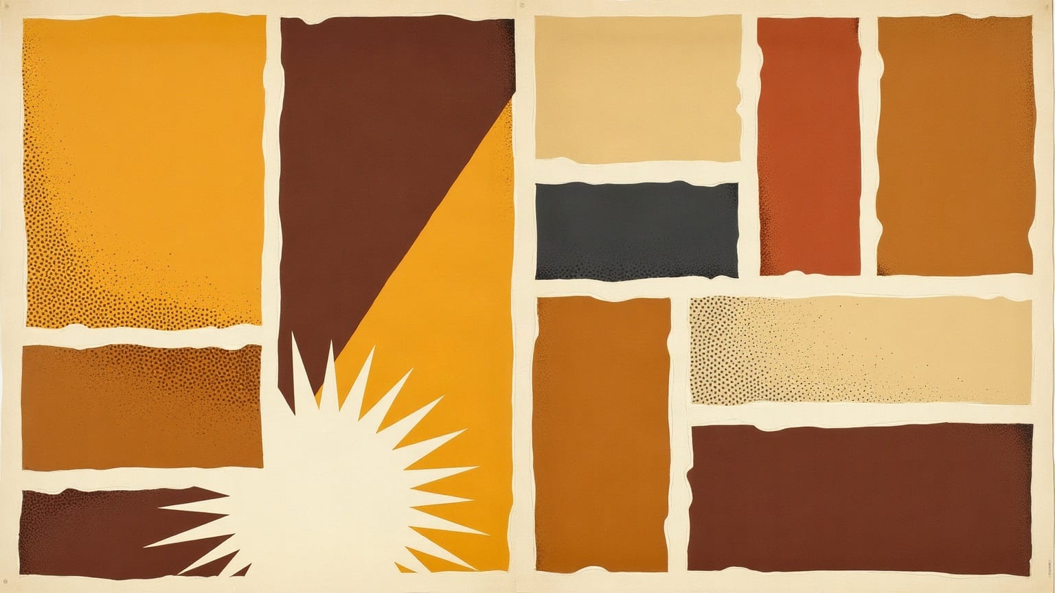 A cut-paper starburst in amber bursting out of a dark ground