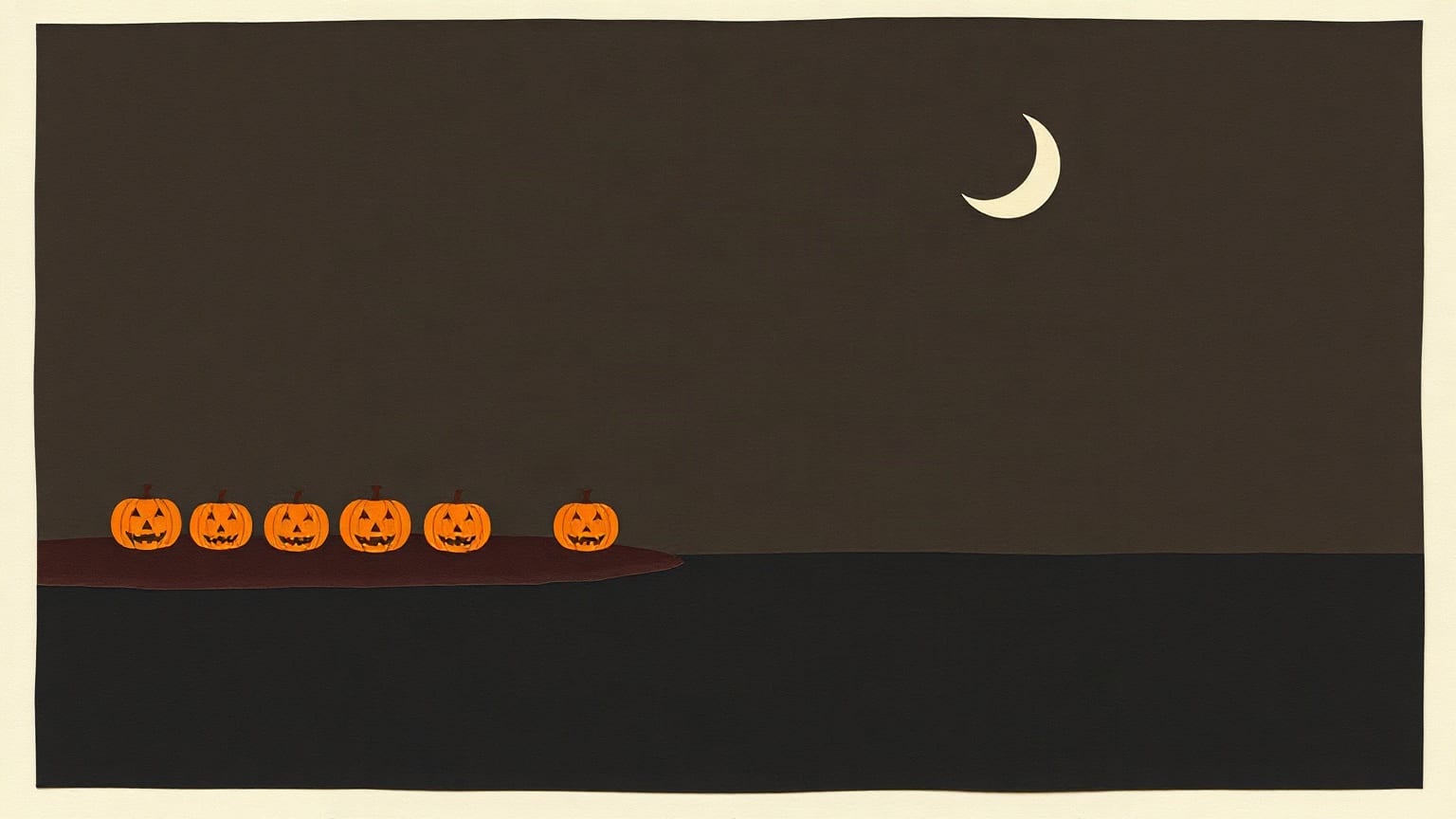 Six carved jack-o'-lanterns lined up on a spit of shore beside a dark, empty lake, with a thin crescent moon high above
