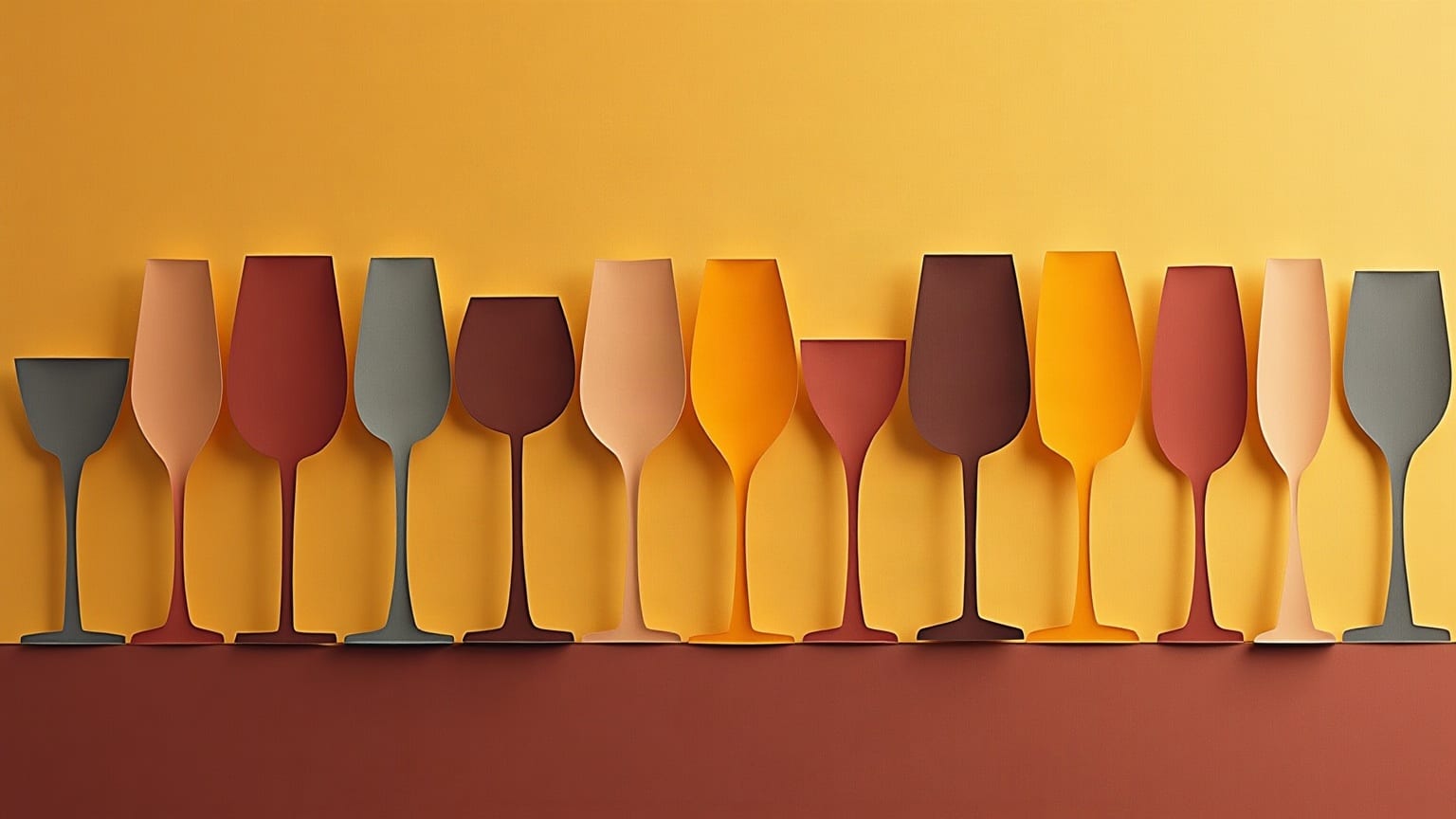 A row of flat cut-paper wine glasses in many tones standing side by side against a plain ground