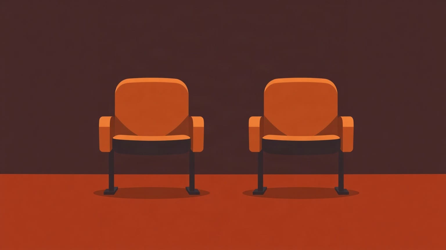 Two identical orange theater seats side by side on a dark red ground
