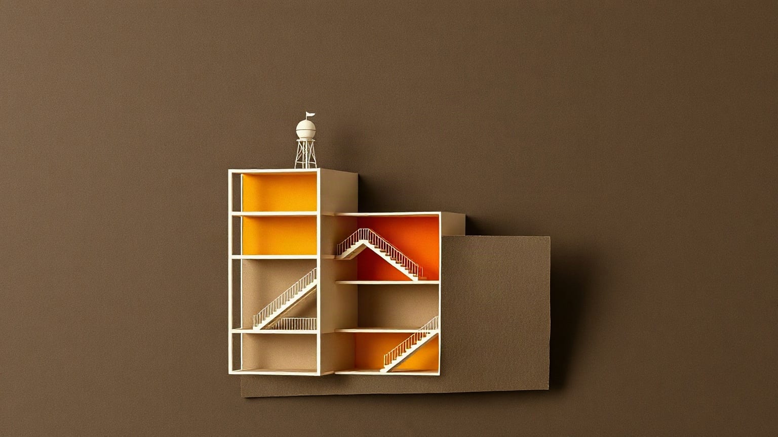 A paper cutaway of stacked building floors with a rooftop water tower