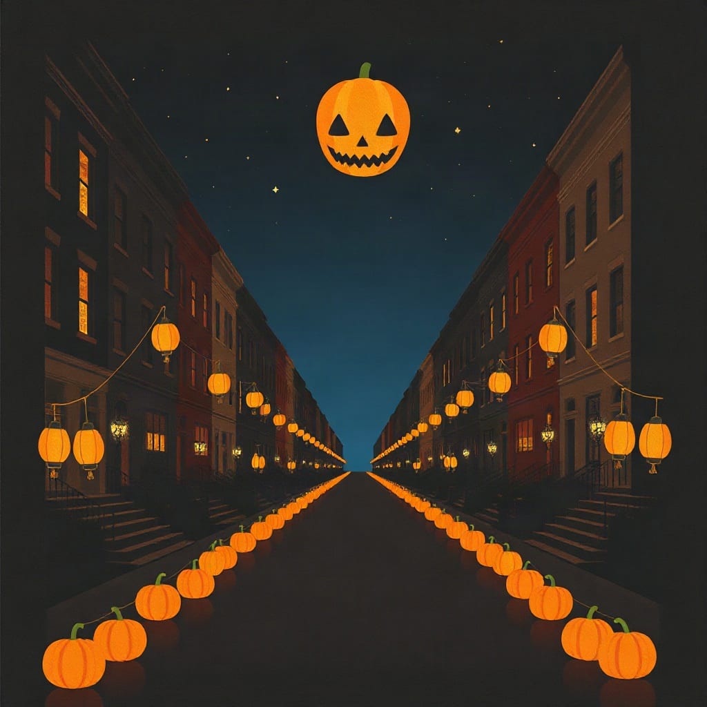 A long avenue between rows of brownstones lined with glowing pumpkins and paper lanterns, a large jack-o'-lantern face in a starry night sky