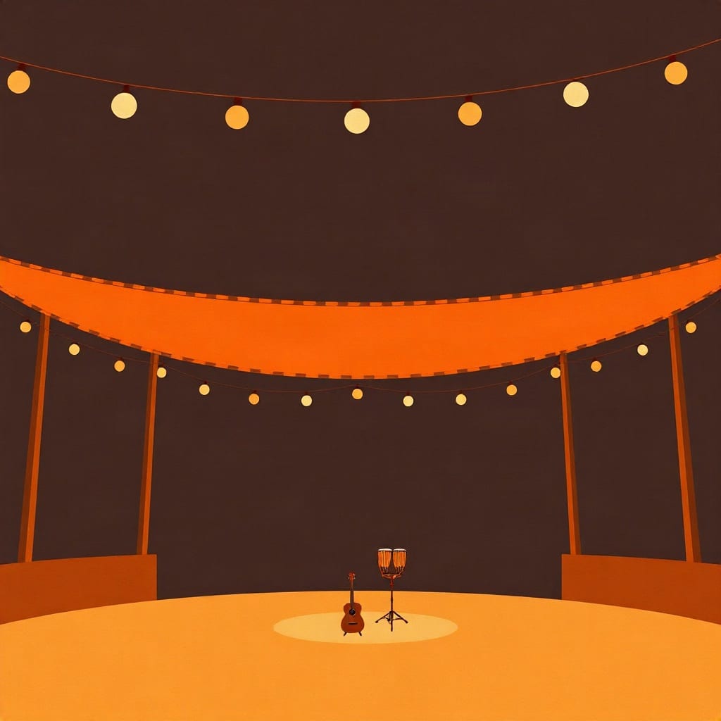 A small stage under a sweeping orange canopy strung with round lights, an acoustic guitar and a pair of conga drums standing in a pool of light