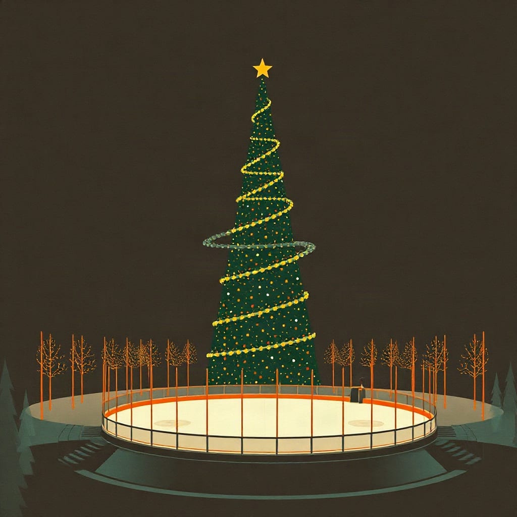 A tall lit Christmas tree with a star on top, standing above a fenced oval ice rink at night