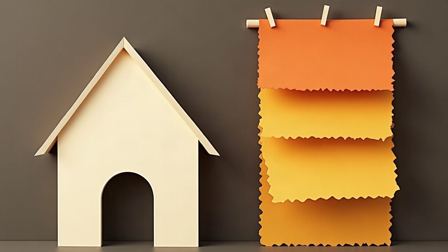 A cream paper dog-house silhouette on a deep brown ground with amber fabric swatches pinned in a row beside it
