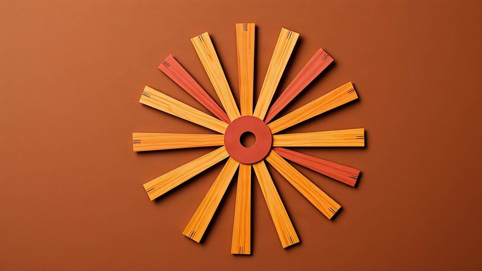 A wheel of straight yellow and red paper spokes radiating from a small red disc, on a rust-orange ground