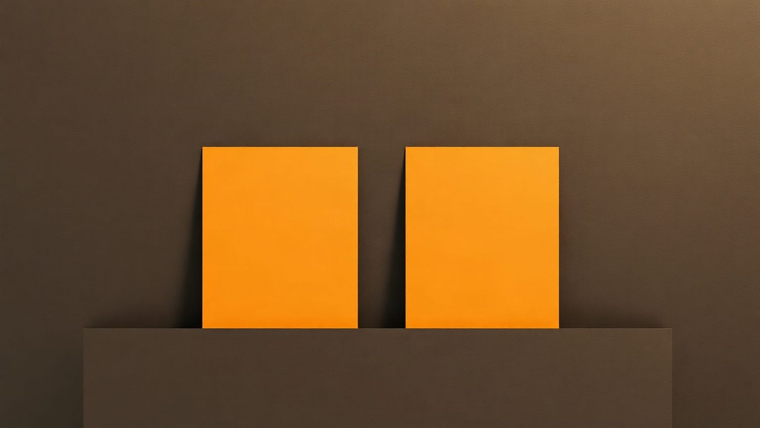 Two orange paper squares standing side by side on a ledge against a dark brown wall, the right one slightly taller