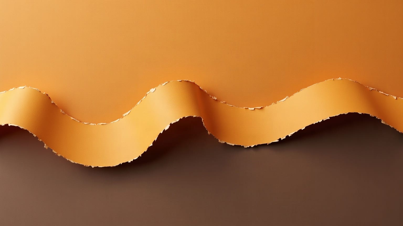 A torn amber paper edge curving in waves across the frame, over a dark brown ground