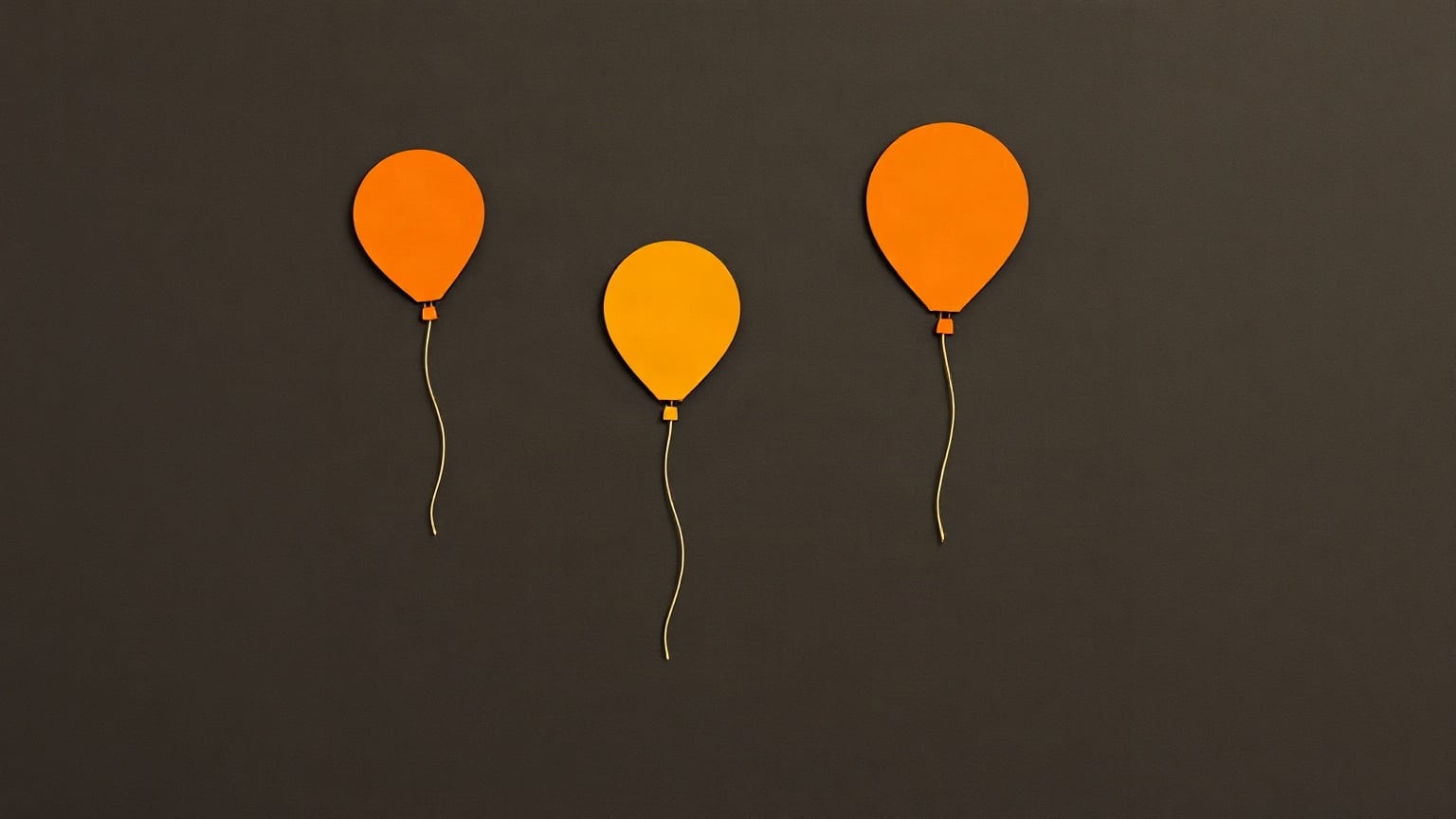 A row of amber and ochre paper balloon shapes on a deep brown ground, each tethered by thin cream lines