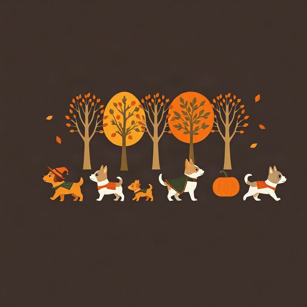 Five small dogs in costumes, the first in a witch's hat, walking in a line past a row of autumn trees with a pumpkin among them, on a dark brown ground