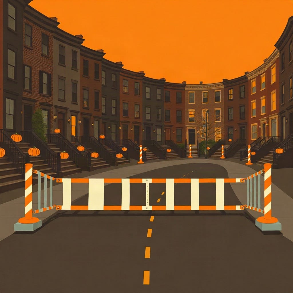 A row of brownstone houses with pumpkins on their stoops behind a striped barrier closing the street to cars, under an orange sky
