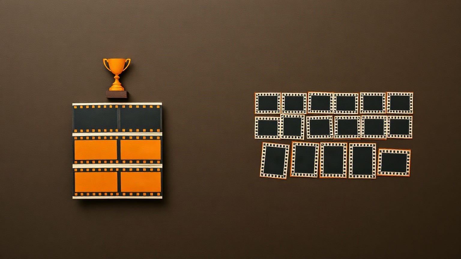 Two paper stacks of film frames: one topped by a small trophy, the other spread out in an even row with nothing above it